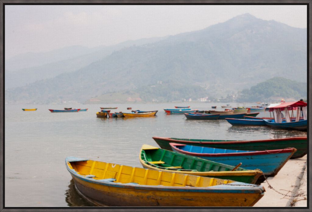 Boats on Phewa Lake, Pokhara, Nepal - Framed Canvas