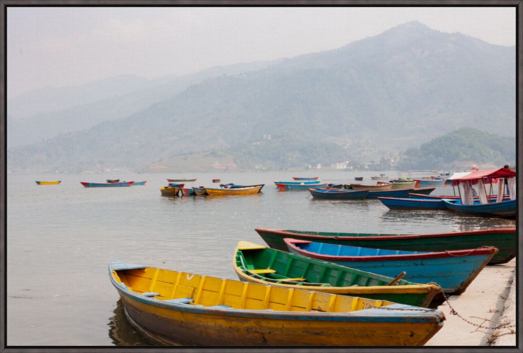 Boats on Phewa Lake, Pokhara, Nepal - Framed Canvas