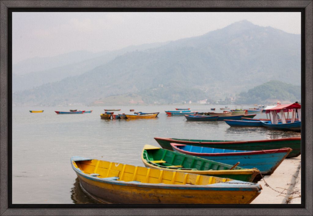 Boats on Phewa Lake, Pokhara, Nepal - Framed Canvas