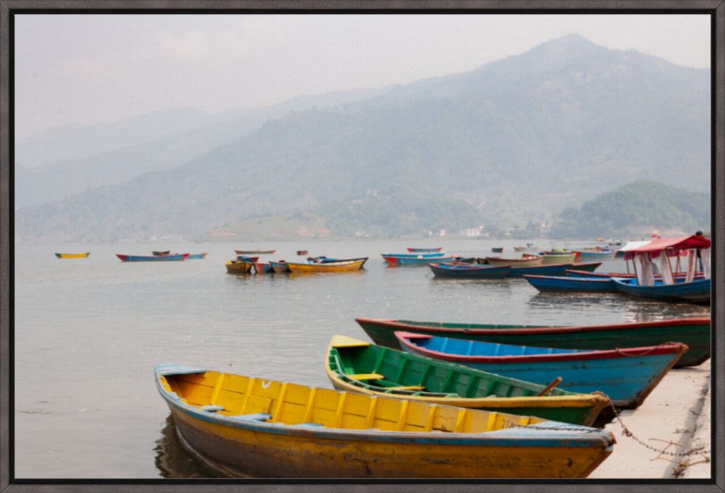 Boats on Phewa Lake, Pokhara, Nepal - Framed Canvas