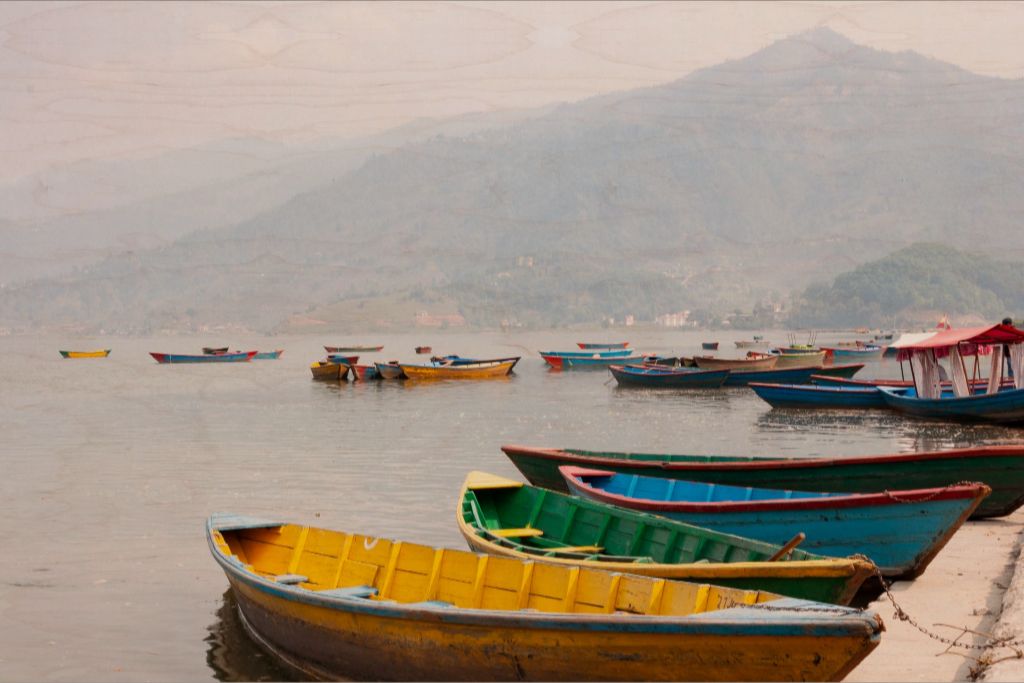 Boats on Phewa Lake, Pokhara, Nepal - Wood Print